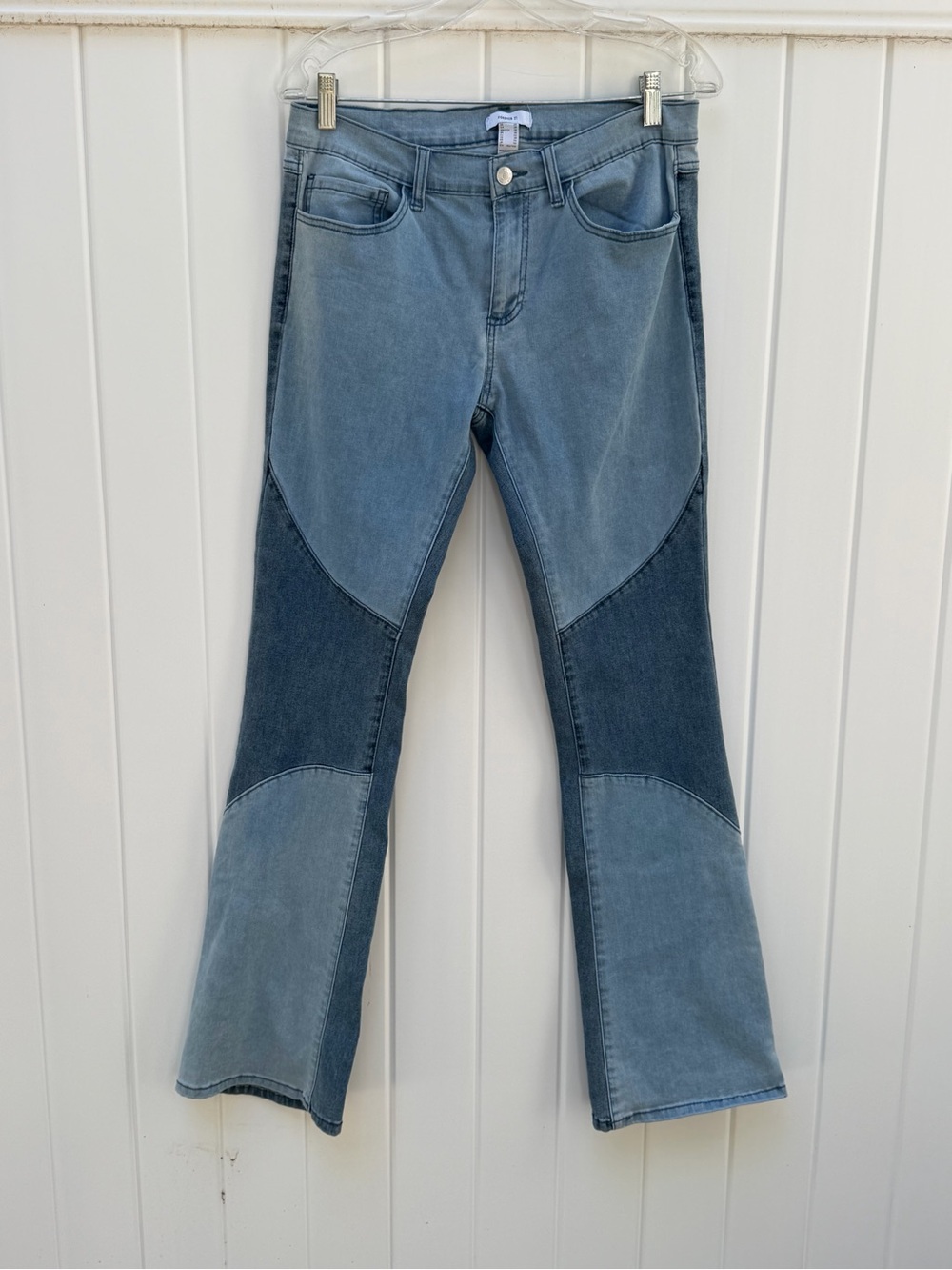 Forever 21 Two-Tone Patchwork Flare Jeans in Light Blue & Dark Blue